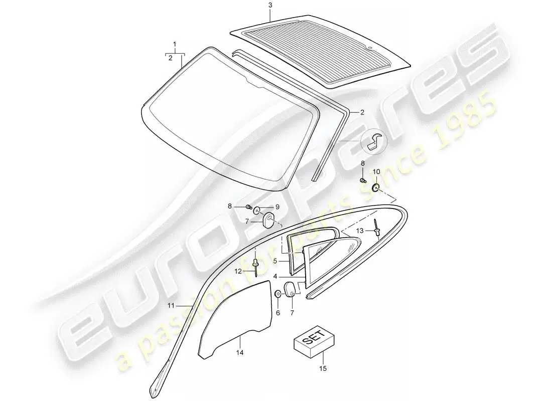 porsche 2010 (997-2 gt3) acristalamiento de ventanas diagrama de piezas