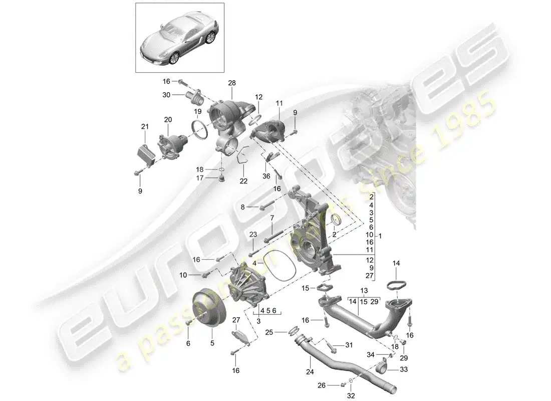 porsche 2014 (981 boxster) bomba de agua diagrama de piezas