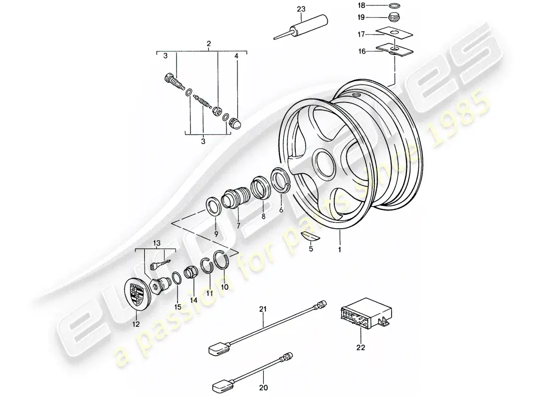 porsche 1987 (959) ruedas - neumáticos - sistema de control de presión de neumáticos diagrama de piezas
