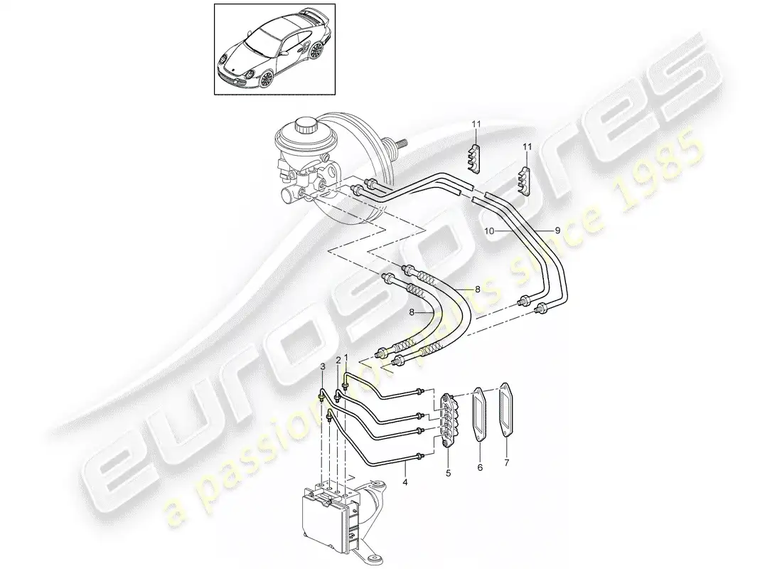 porsche 2011 (997-2 turbo / gt2 rs) diagrama de piezas de líneas de freno