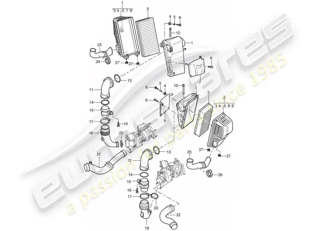 porsche 2005 (cayenne e1 9pa) filtro de aire con conexión diagrama de piezas