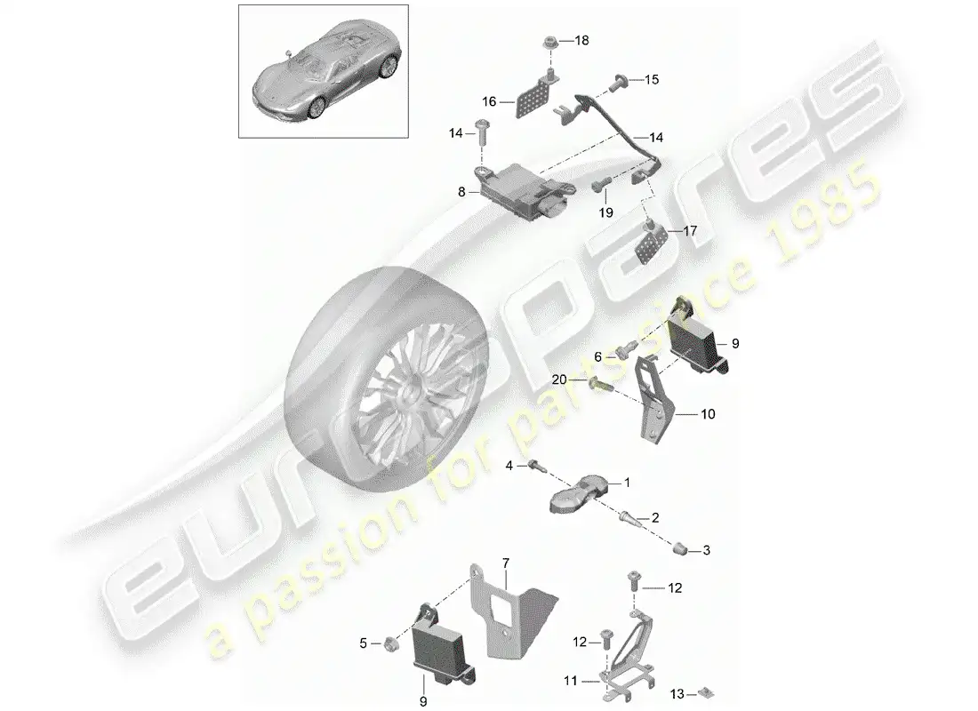 porsche 2015 (918 spyder) sistema de control de presión de neumáticos diagrama de piezas