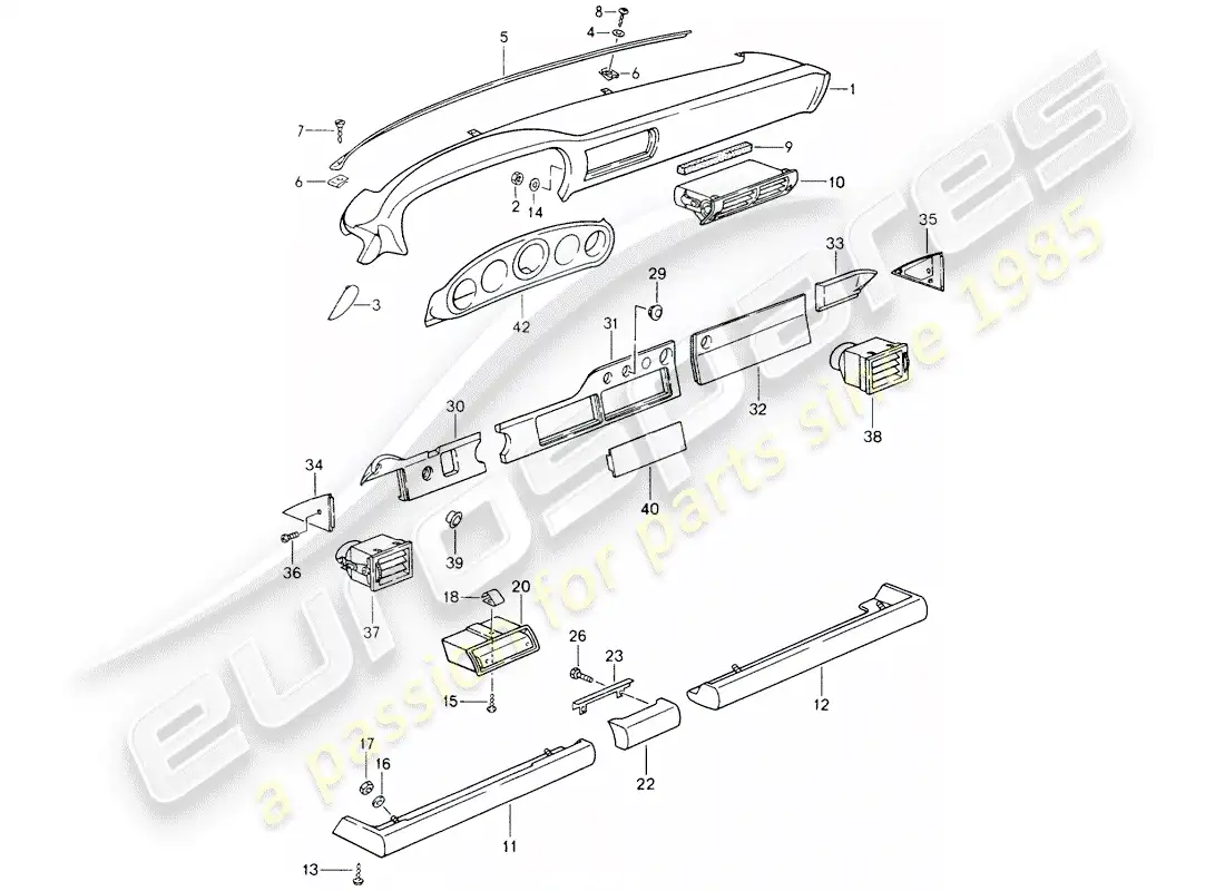 porsche 1990 (964) salpicadero - embellecedor de rodilleras - para autos sin - airbag esquema de piezas