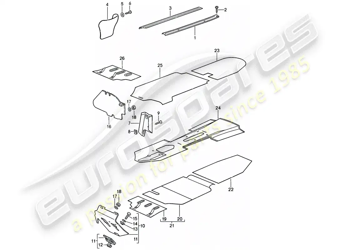 porsche 1987 (911) moldeados - espacio para los pies - alfombras desmontables diagrama de piezas