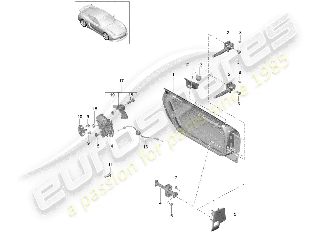 porsche 2016 (981 cayman gt4) diagrama de piezas de la carcasa de la puerta