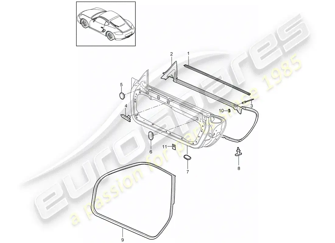porsche 2012 (987 cayman) junta de la puerta diagrama de piezas
