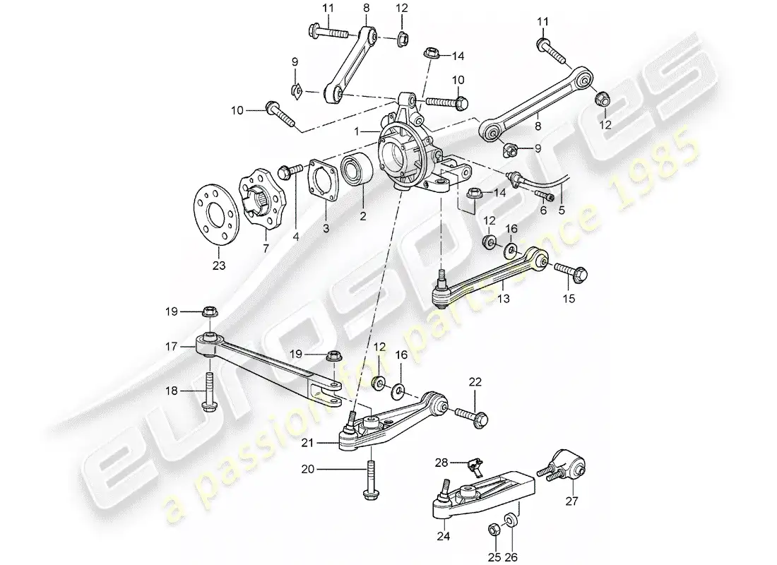 porsche 2003 (996 gt3) eje trasero - porta rueda - enlace superior - cubo de rueda diagrama de piezas