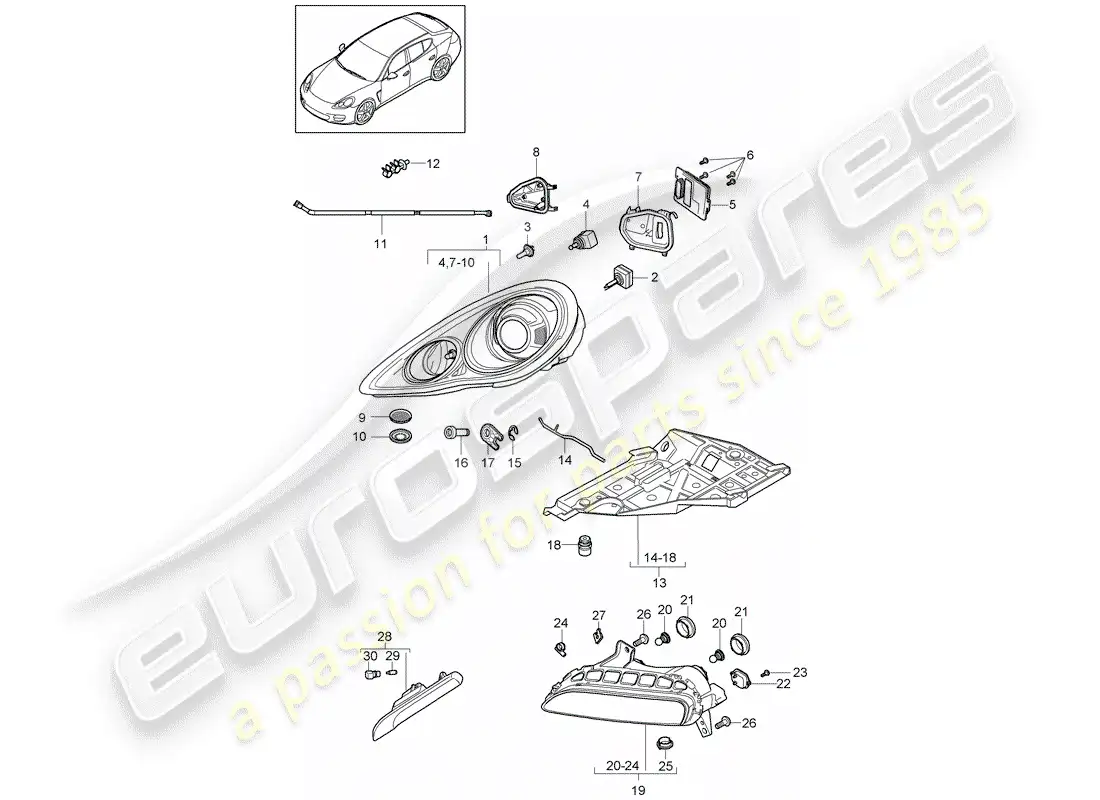 porsche 2015 (panamera 970) lámpara de cabeza diagrama de piezas