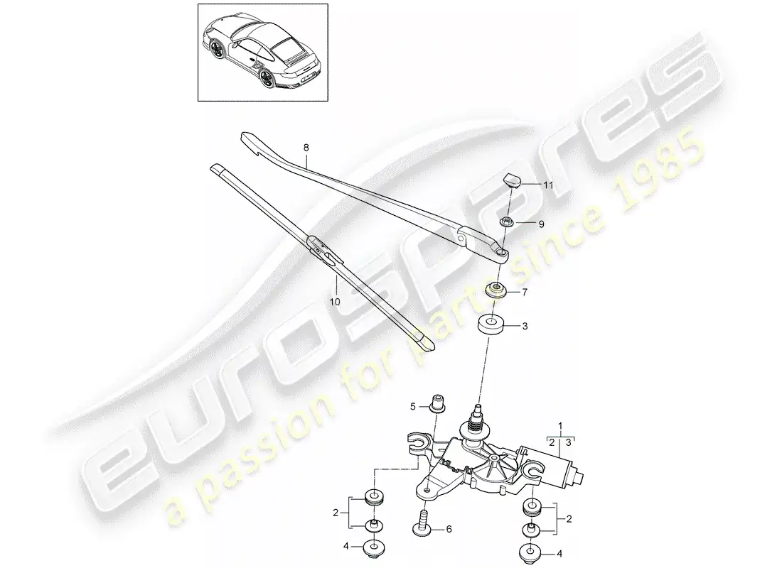 porsche 2011 (997-2 turbo / gt2 rs) diagrama de piezas del limpiaparabrisas trasero