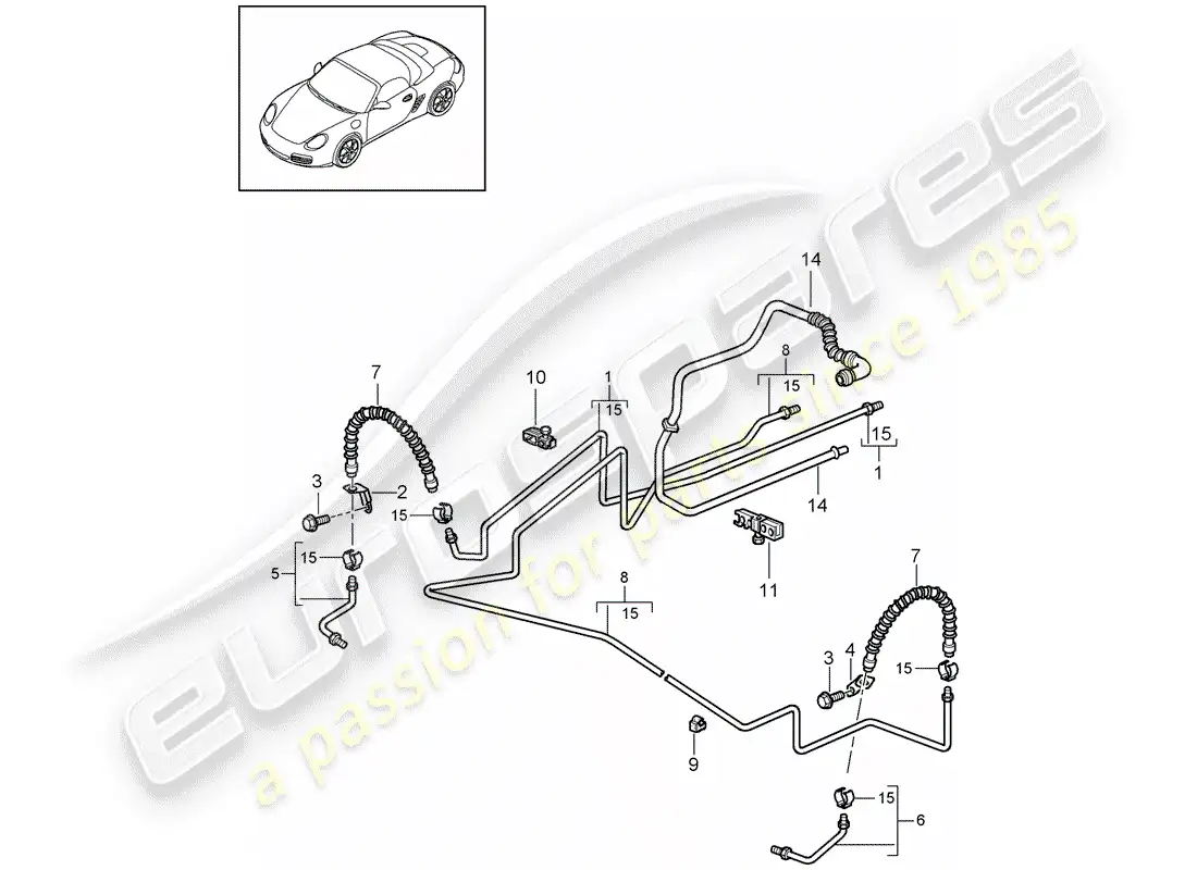 porsche 2011 (987 boxster) línea de freno diagrama de piezas