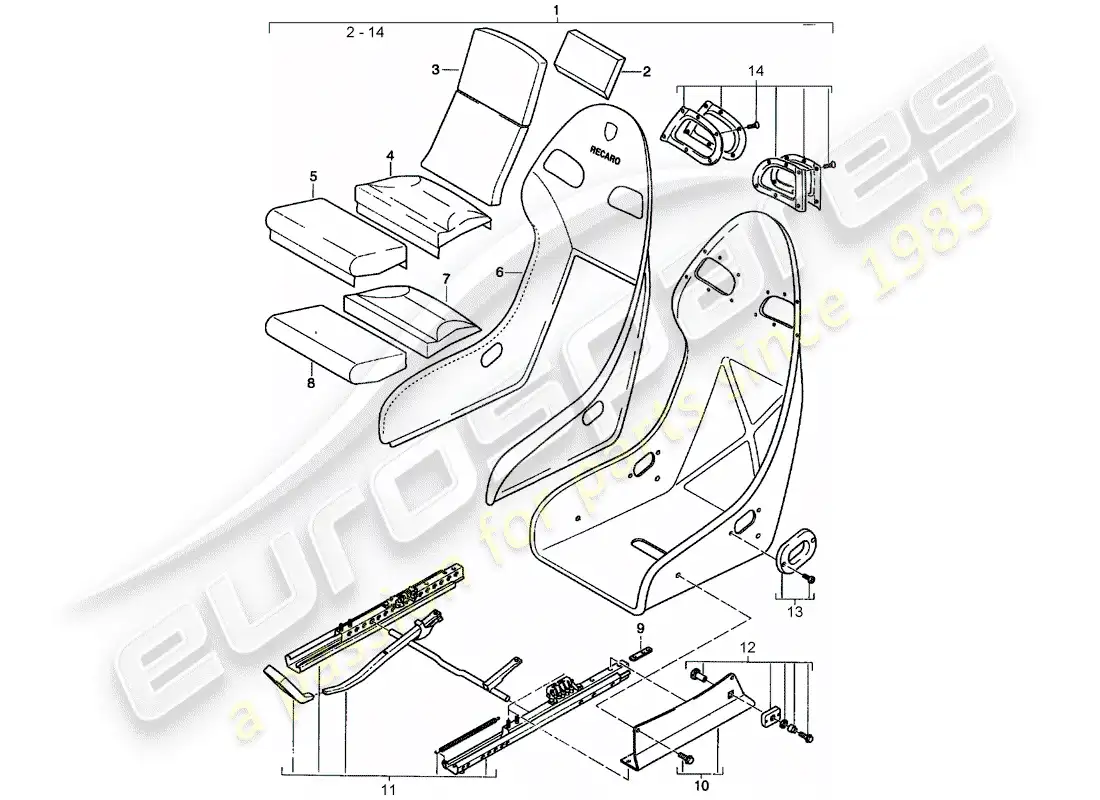 porsche 1999 (996) asiento - con: diagrama de piezas