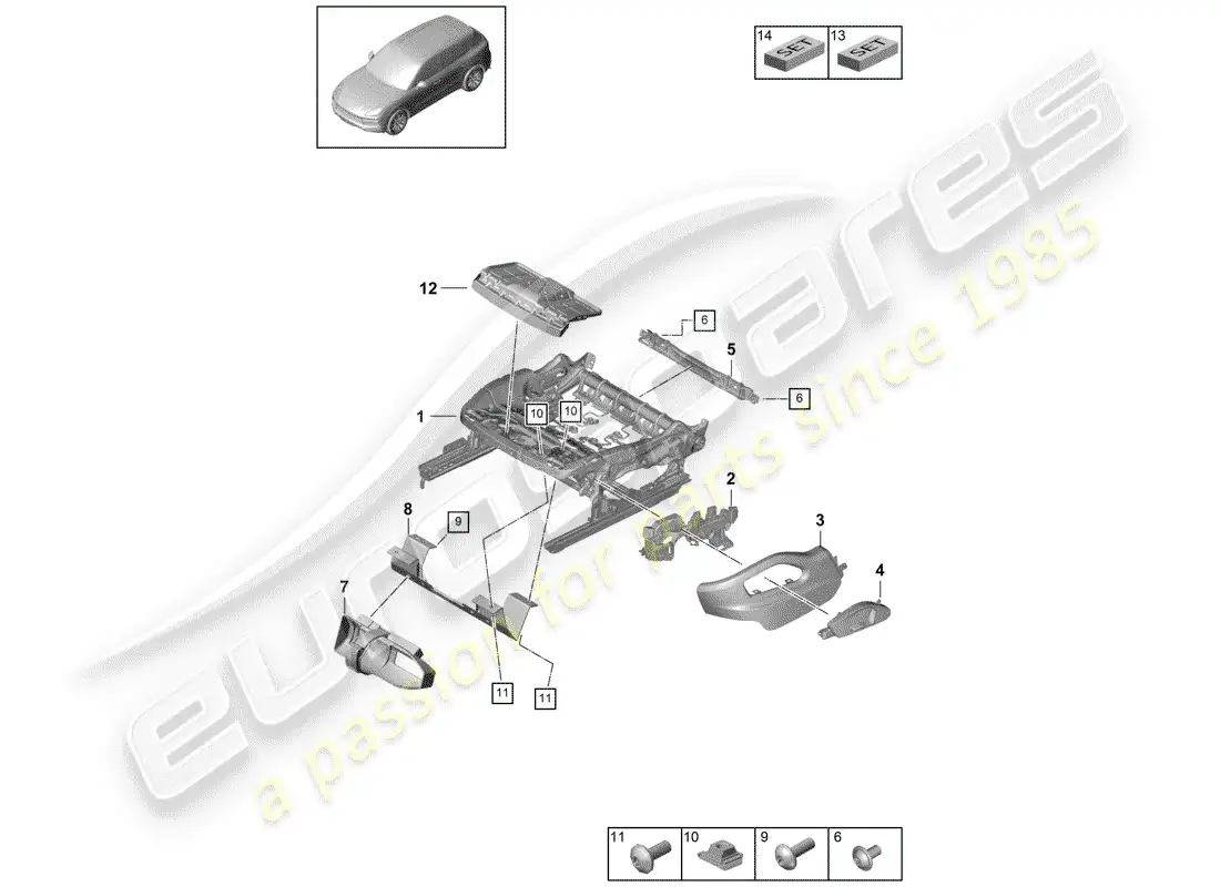 porsche 2018 (cayenne e3 9ya/9yb) estructura del asiento diagrama de piezas