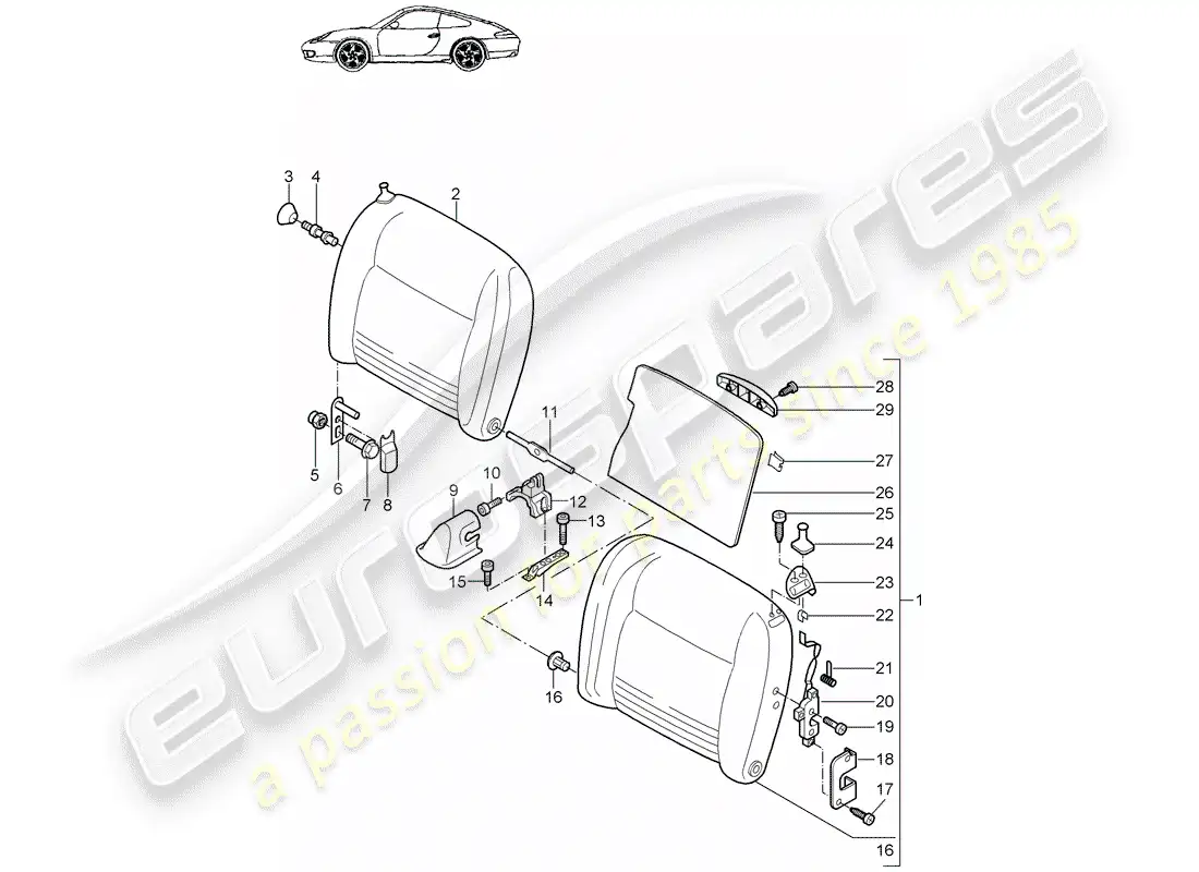 porsche 1999 (996) respaldo del asiento de emergencia diagrama de piezas