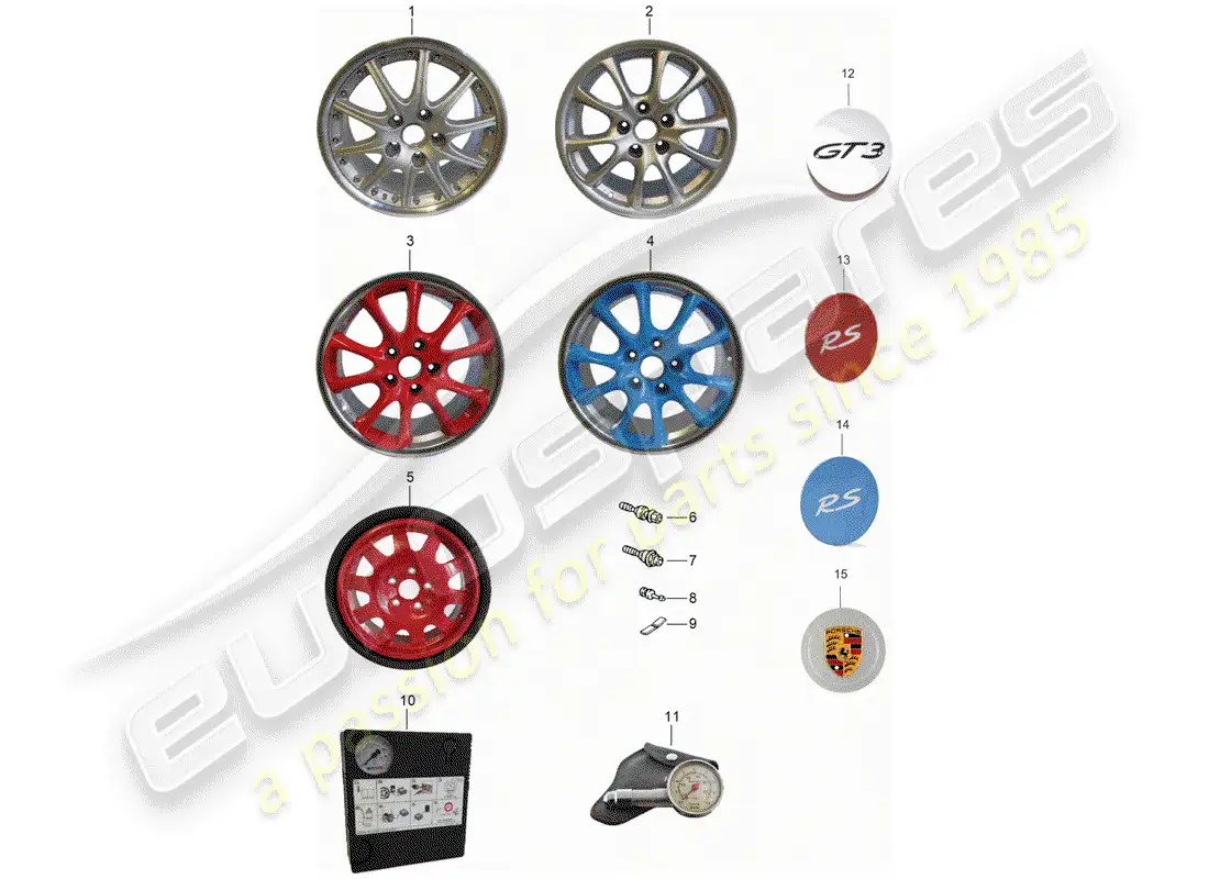 porsche 2005 (996 gt3) ruedas diagrama de piezas