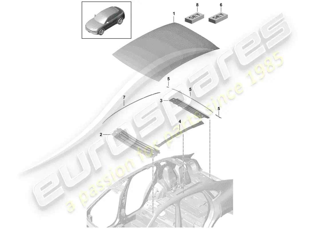 porsche 2020 (cayenne e3 9ya/9yb) panel exterior del techo diagrama de piezas