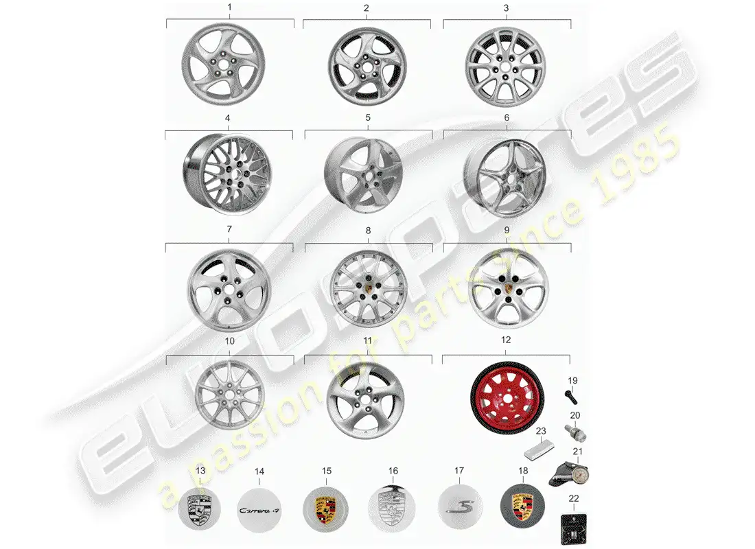 porsche 2001 (996) rueda de aleación diagrama de piezas