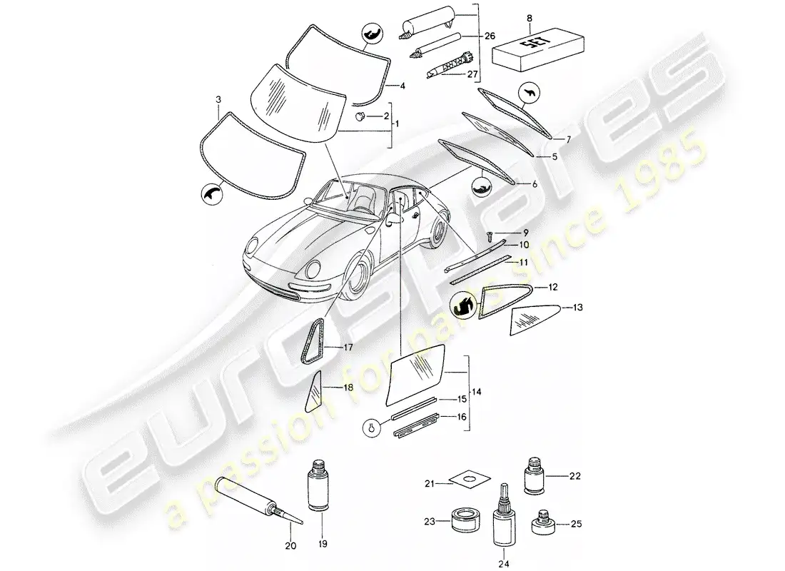 porsche 1995 (993) acristalamiento de ventanas diagrama de piezas