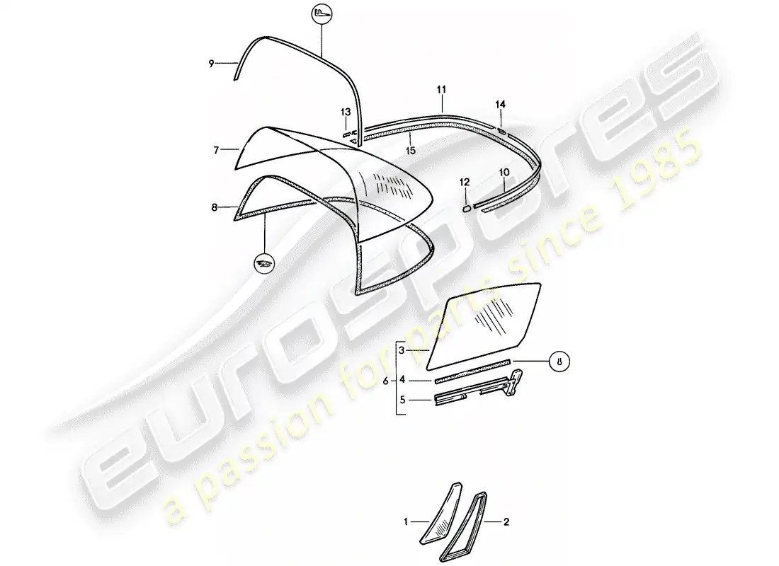 porsche 1986 (911) acristalamiento de ventanas diagrama de piezas