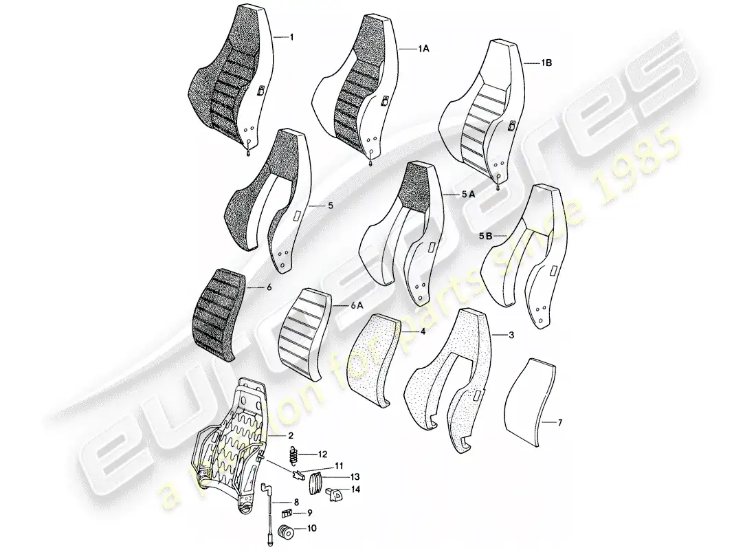 porsche 1982 (944) asiento deportivo - respaldo - piezas individuales diagrama de piezas