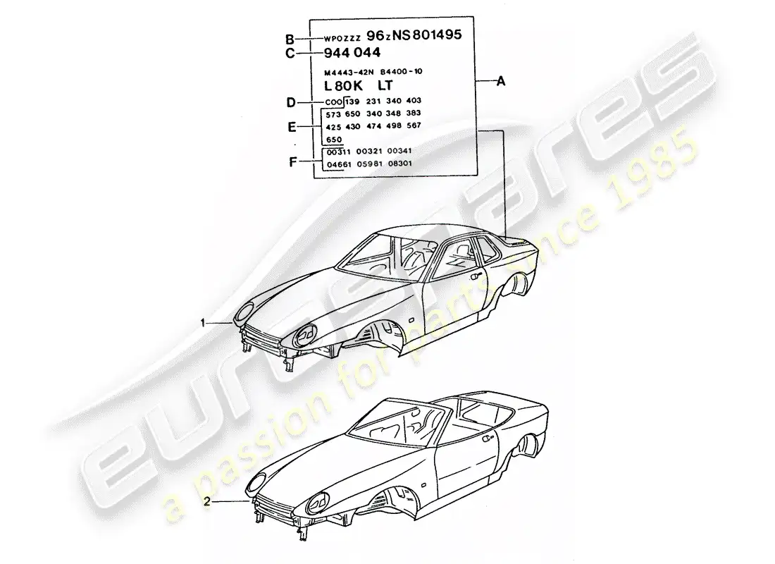 porsche 1993 (968) cuerpo del auto diagrama de piezas