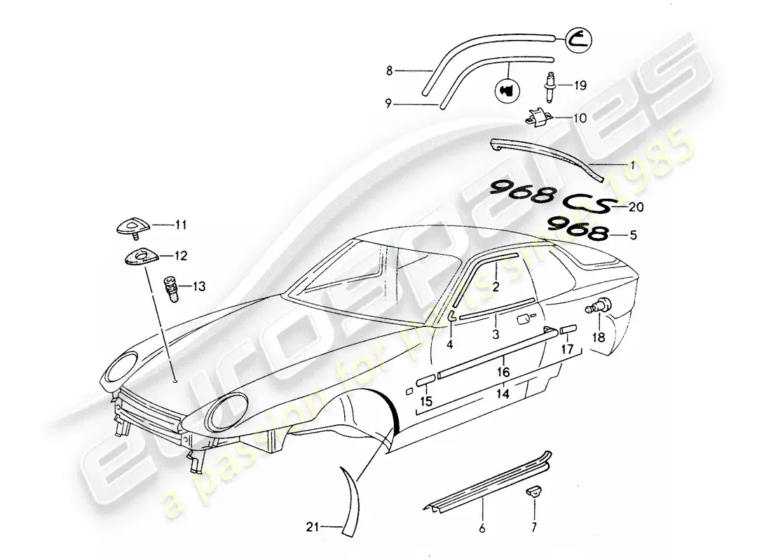 porsche 1993 (968) moldura decorativa diagrama de piezas