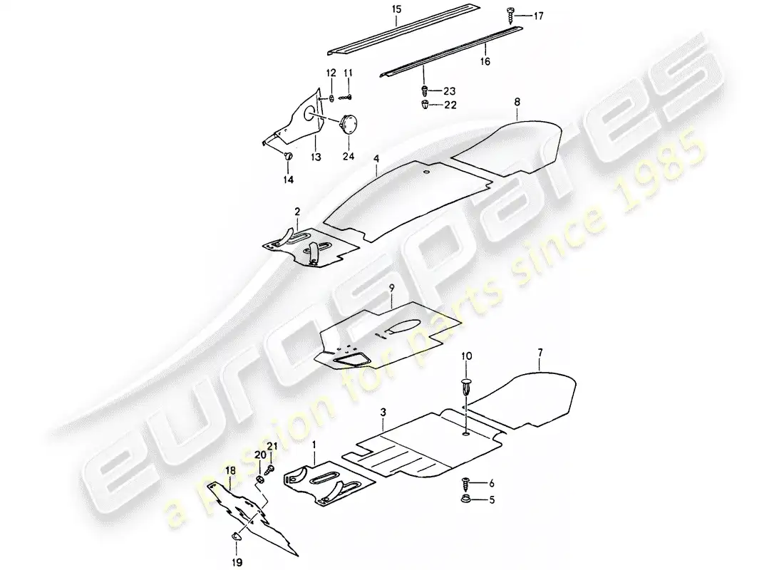 porsche 1989 (964) moldeados - espacio para los pies - alfombras desmontables diagrama de piezas