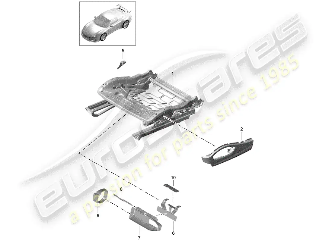 porsche 2014 (991-1 r/gt3/rs) estructura del asiento diagrama de piezas