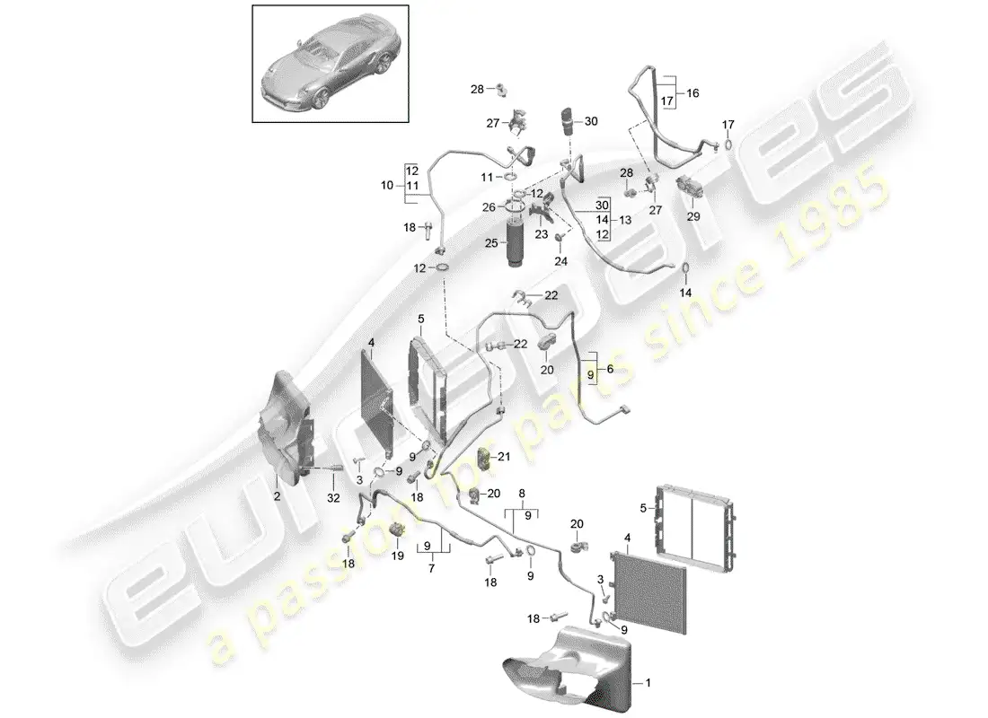 porsche 2015 (991-1 turbo) circuito refrigerante diagrama de piezas