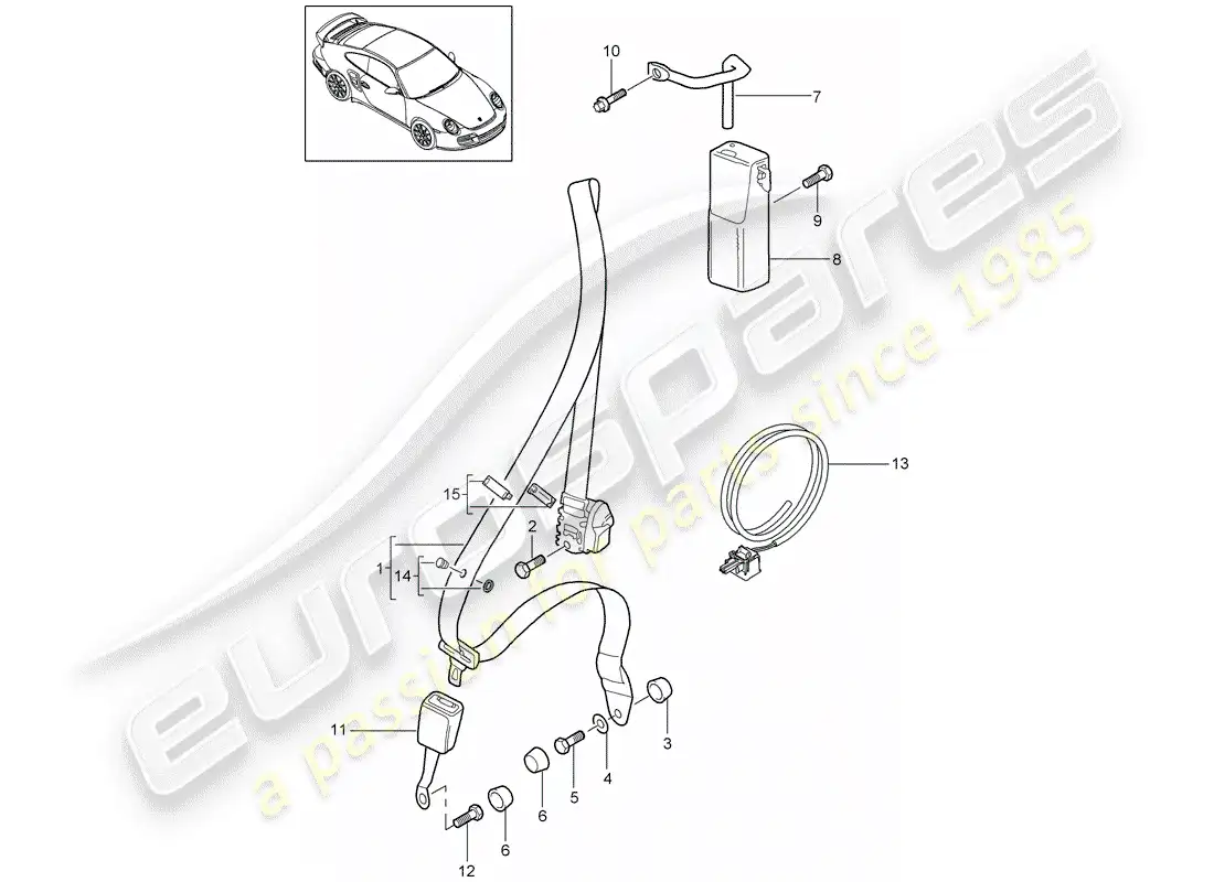 porsche 2007 (997-1 turbo / gt2) cinturón de seguridad diagrama de piezas