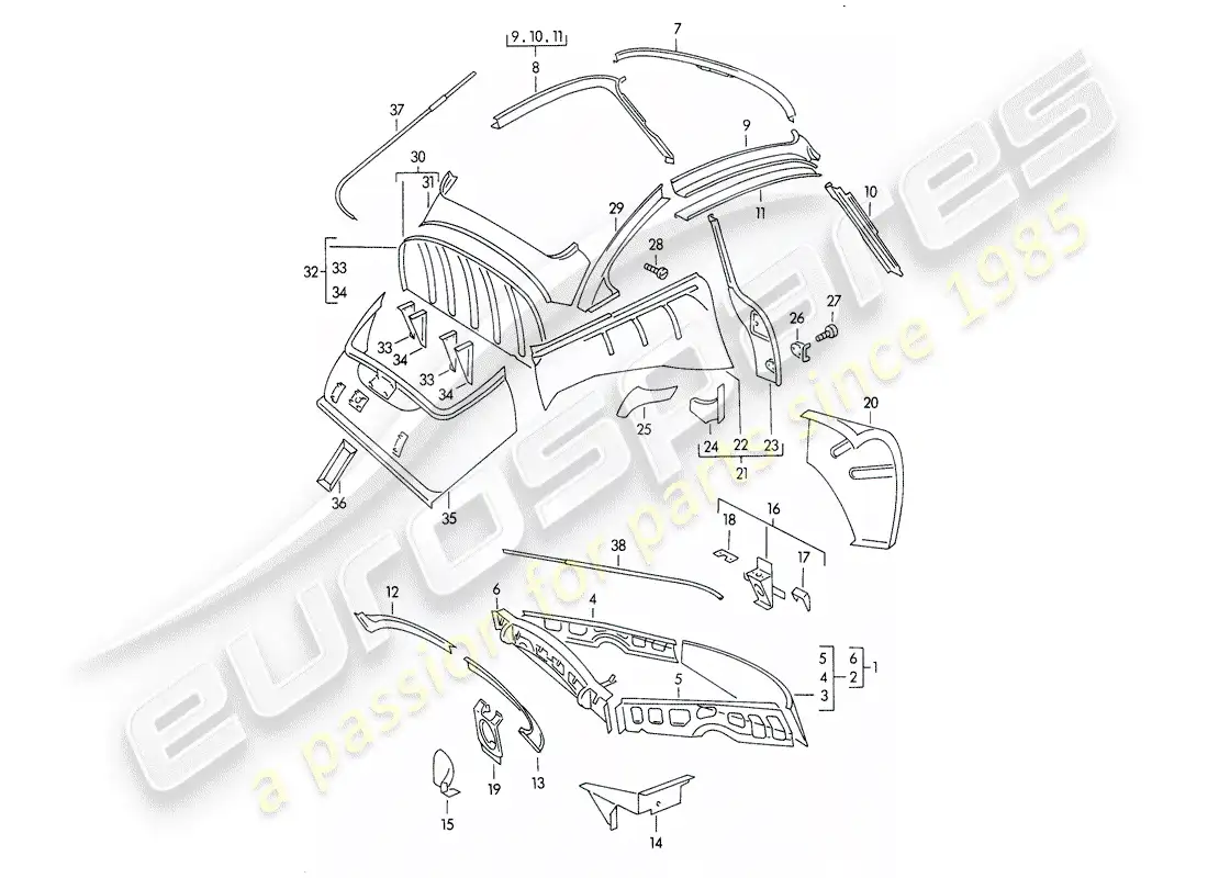 porsche 1955 (356/356a) carrocería - paneles interiores diagrama de piezas