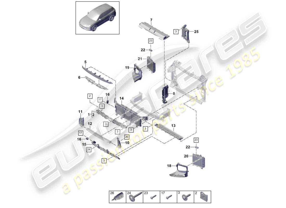 porsche 2023 (cayenne e3 9ya/9yb) diagrama de piezas de la guía de aire frontal y de la carcasa multiplaca