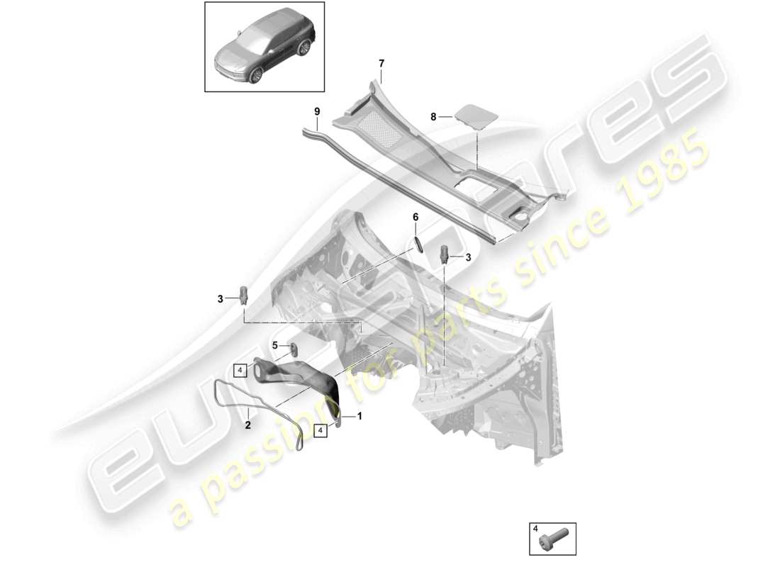 porsche 2024 (cayenne e3 9ya/9yb) diagrama de piezas de la caja de agua para vehículos con propulsión híbrida