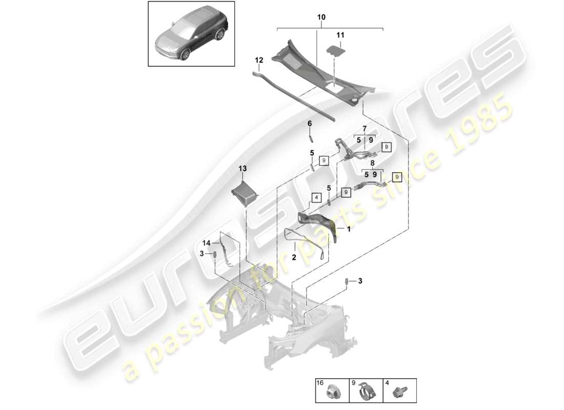 porsche 2024 (cayenne e3 9ya/9yb) diagrama de piezas de la caja de agua del calentador