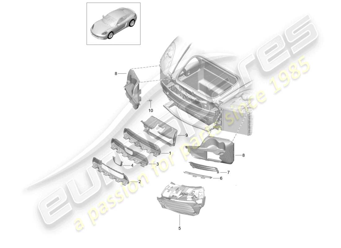 porsche 2024 (718 cayman) diagrama de piezas del parachoques delantero con guía de aire