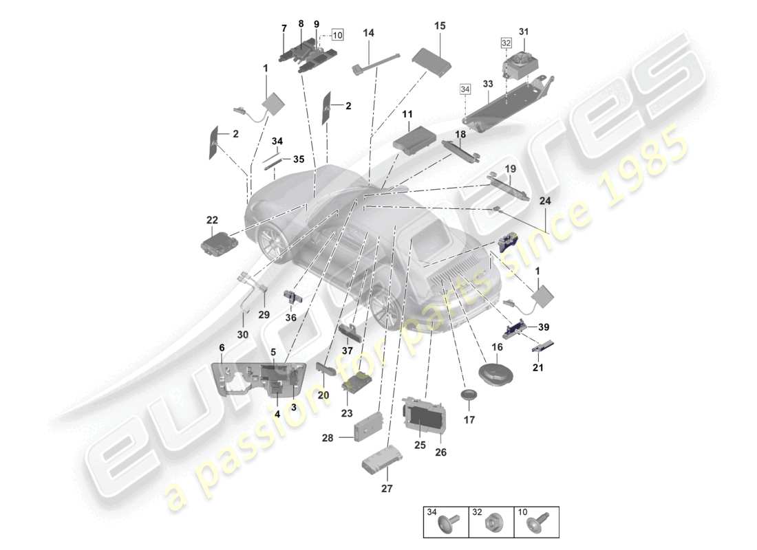 porsche 2025 (992-2 turbo / s) antena antena amplificador lector de tarjetas con chip para sistema de peaje conexión para usb y aux-in diagrama de piezas