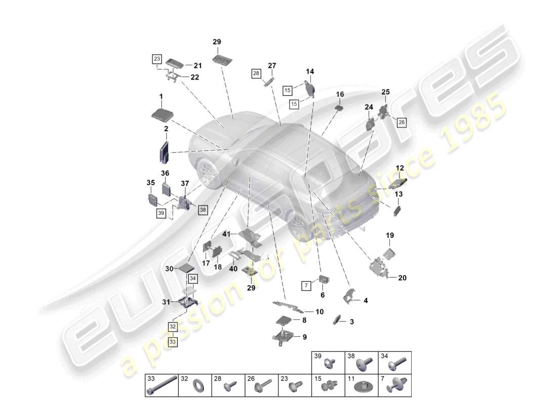 porsche 2024 (cayenne e3 9ya/9yb) unidades de control motor y caja de cambios bomba de combustible ayuda al aparcamiento diagrama de piezas