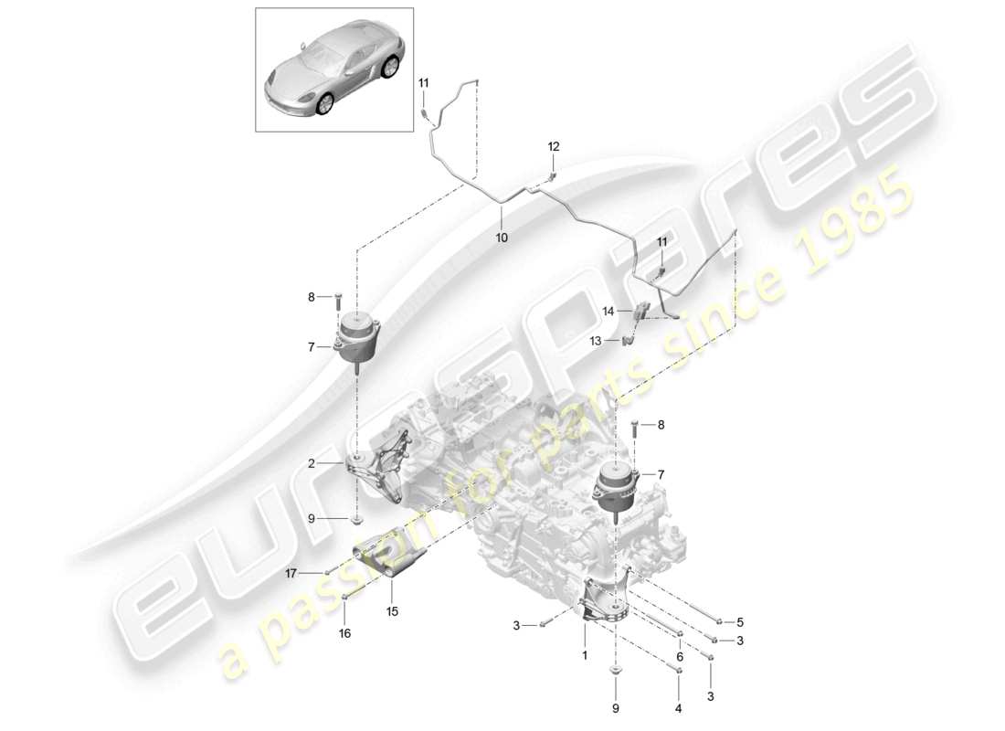 porsche 2026 (718 cayman) diagrama de piezas del dispositivo de elevación del motor
