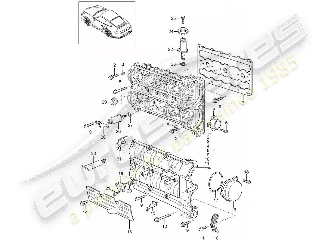 porsche 2011 (997-2 turbo / gt2 rs) diagrama de piezas de la carcasa del árbol de levas