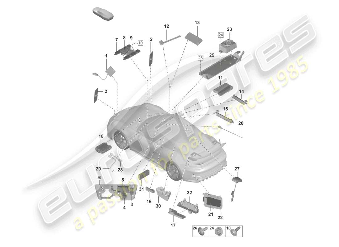 porsche 2021 (992-1 gt3/rs/st) antena amplificador de antena altavoz de llamada de emergencia lector de tarjetas con chip para sistema de peaje de carreteras conexión para usb y aux-in diagrama de piezas