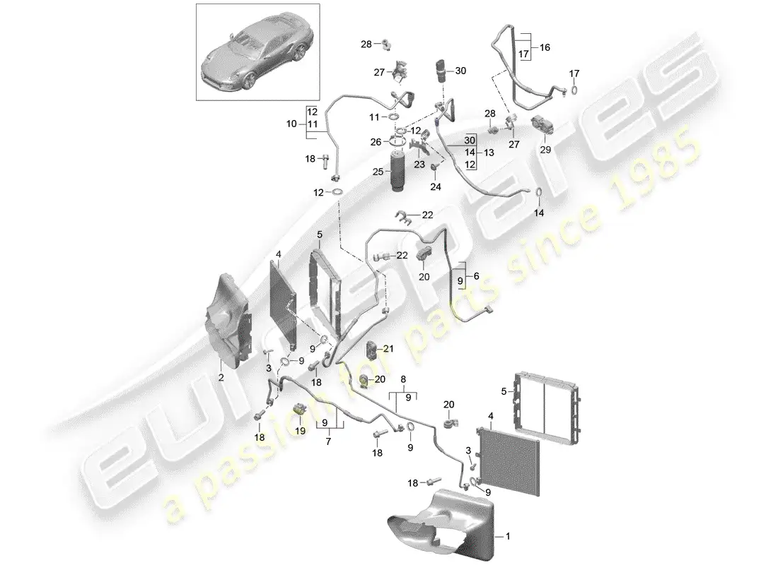 porsche 2016 (991-1 turbo) circuito refrigerante diagrama de piezas