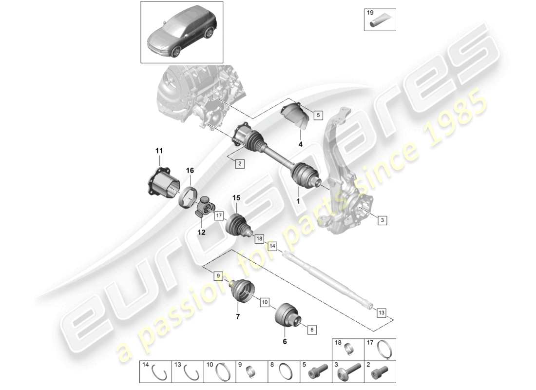 porsche 2024 (cayenne e3 9ya/9yb) diagrama de piezas del eje delantero del eje de transmisión