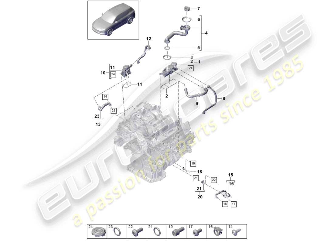porsche 2024 (cayenne e3 9ya/9yb) diagrama de piezas del separador de aceite del bloque de cilindros