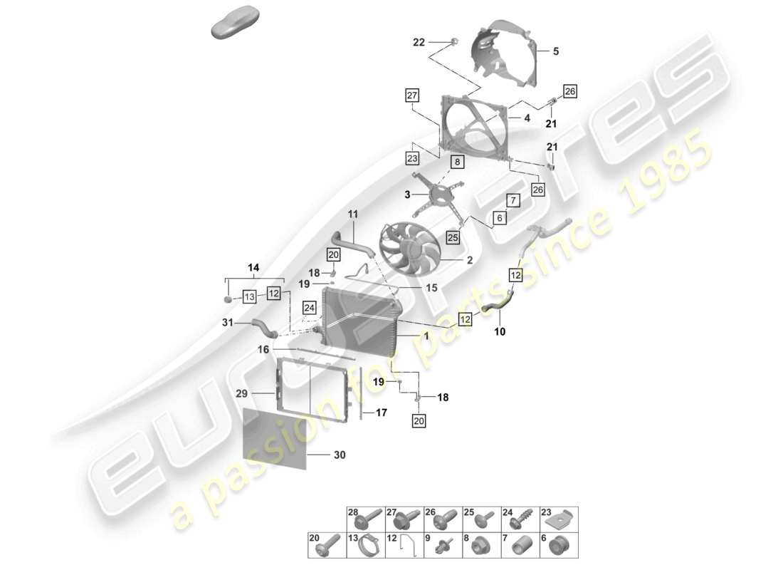 porsche 2021 (992-1 gt3/rs/st) diagrama de piezas del ventilador del radiador delantero del enfriador de refrigerante