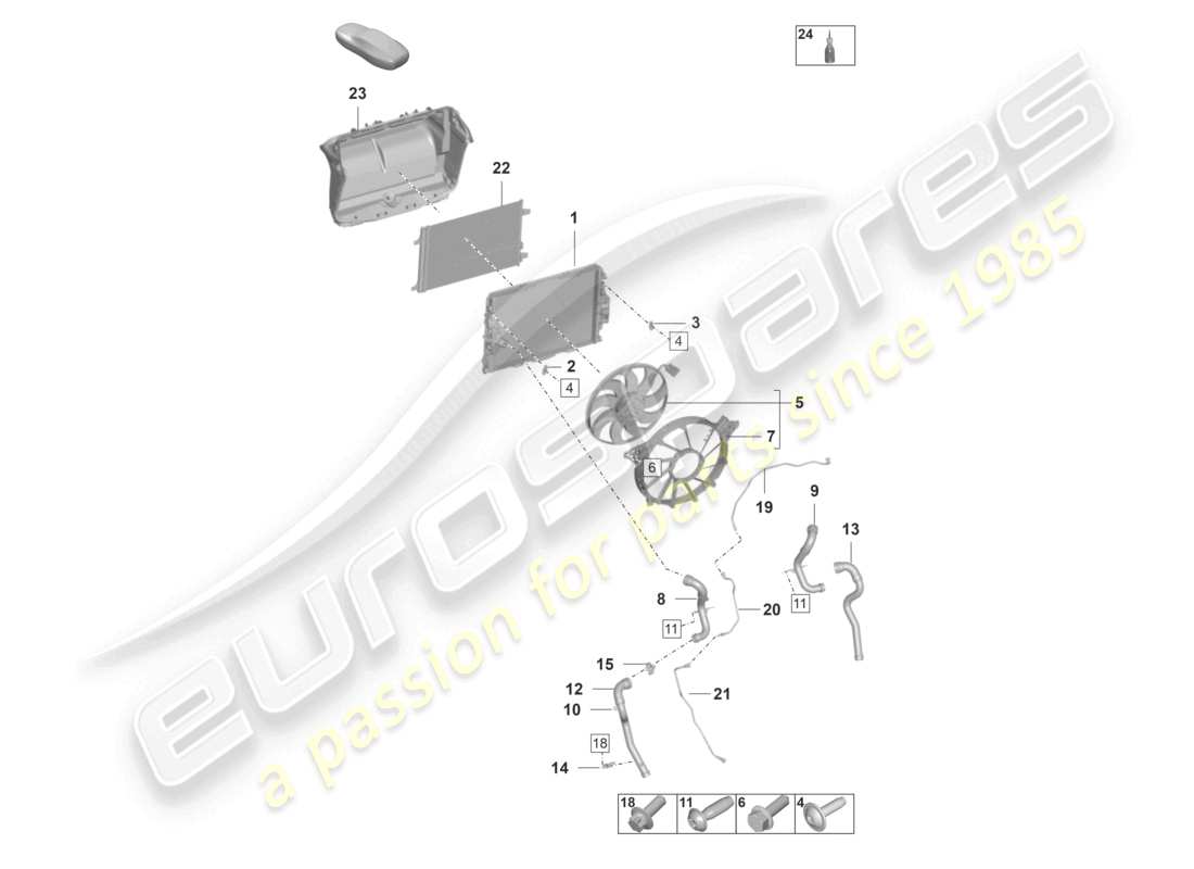 porsche 2021 (992-1 gt3/rs/st) diagrama de piezas del ventilador del radiador del enfriador del centro del refrigerante