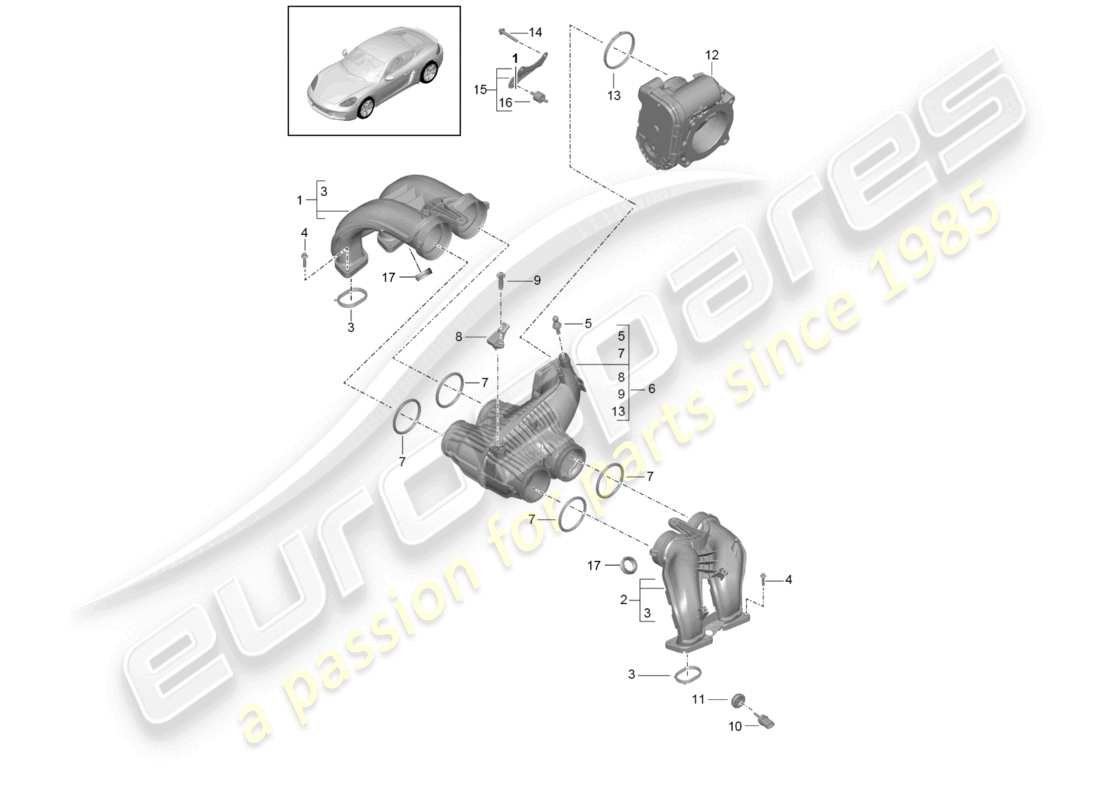 porsche 2026 (718 cayman) diagrama de piezas del adaptador de la válvula de mariposa del distribuidor de aire de admisión