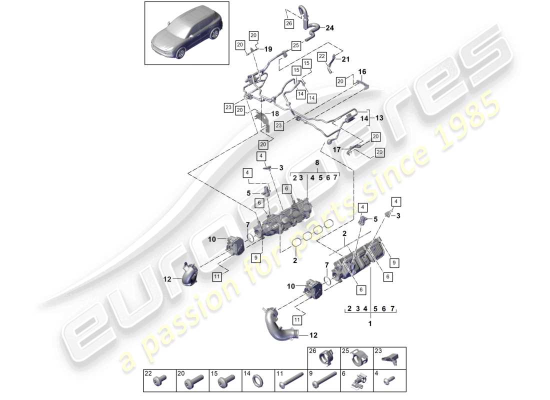 porsche 2023 (cayenne e3 9ya/9yb) diagrama de piezas del adaptador de la válvula de mariposa del colector de admisión para la ventilación del tanque de combustible