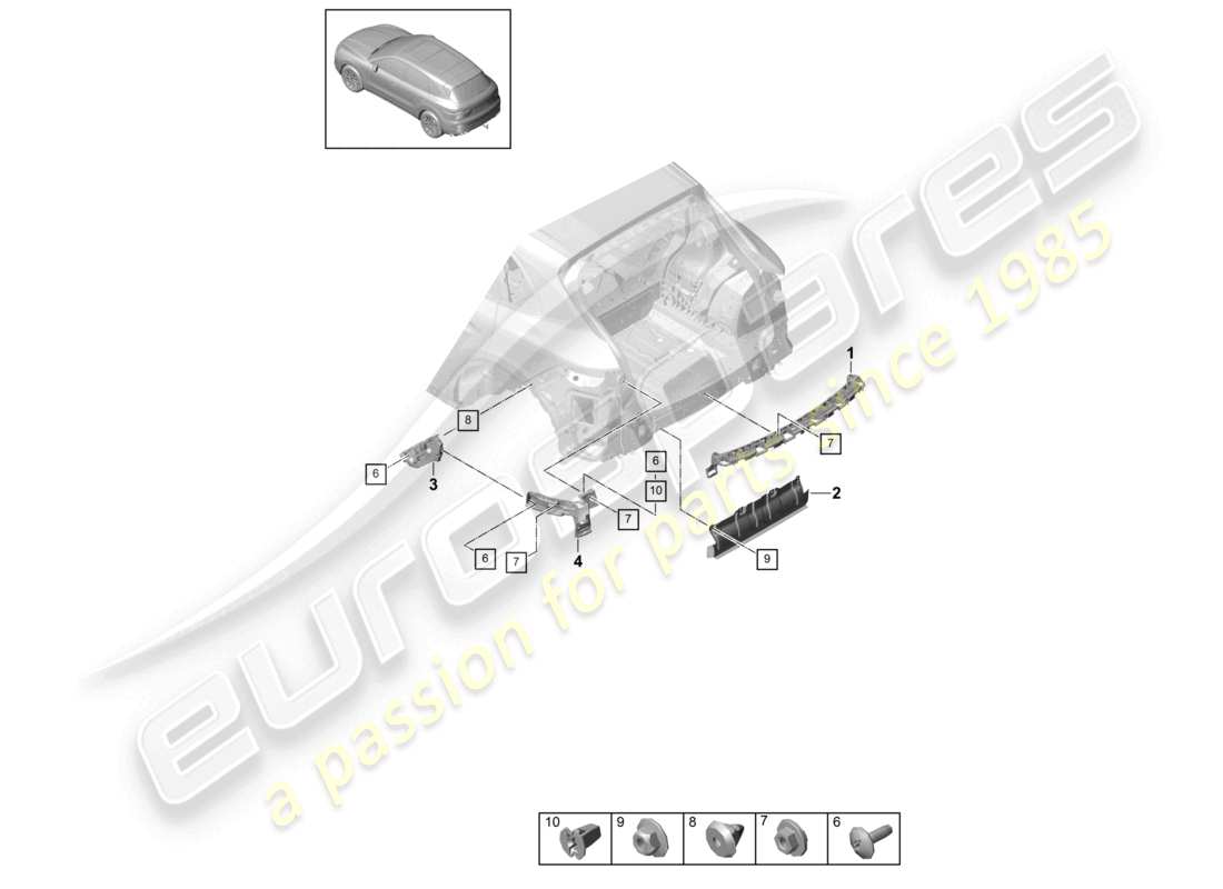 porsche 2021 (cayenne e3 9ya/9yb) diagrama de piezas del paquete sport design de los sujetadores del parachoques trasero