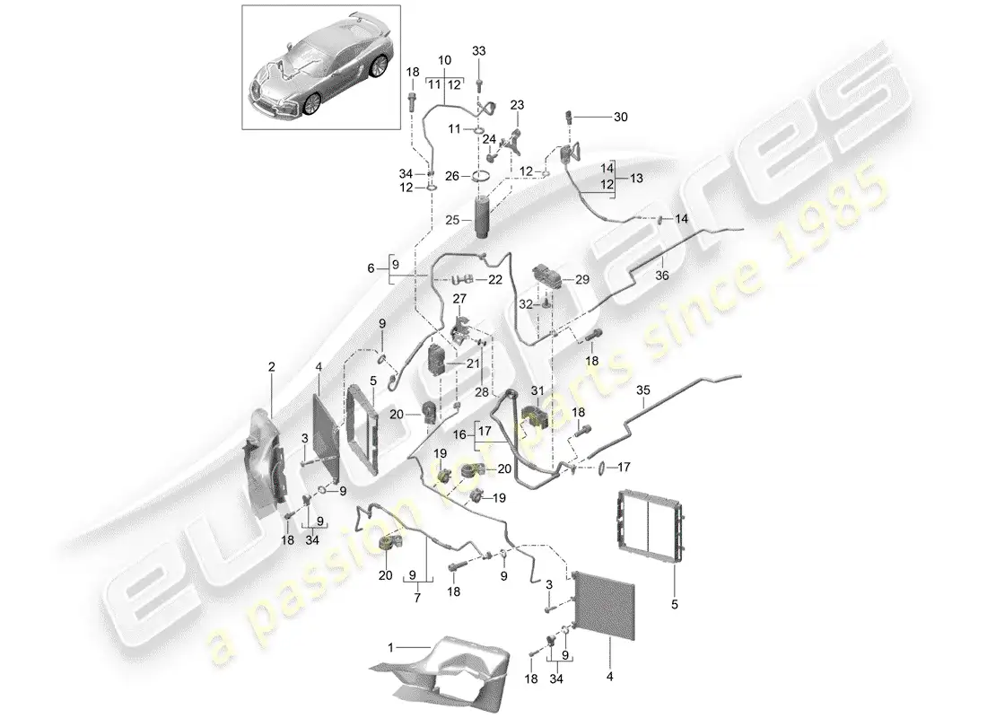 porsche 2016 (981 cayman gt4) diagrama de piezas del circuito refrigerante
