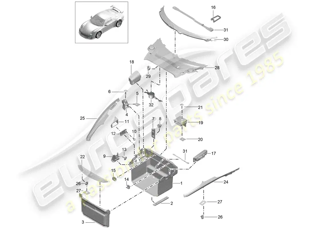 porsche 2016 (991-1 r/gt3/rs) forro de bota diagrama de piezas