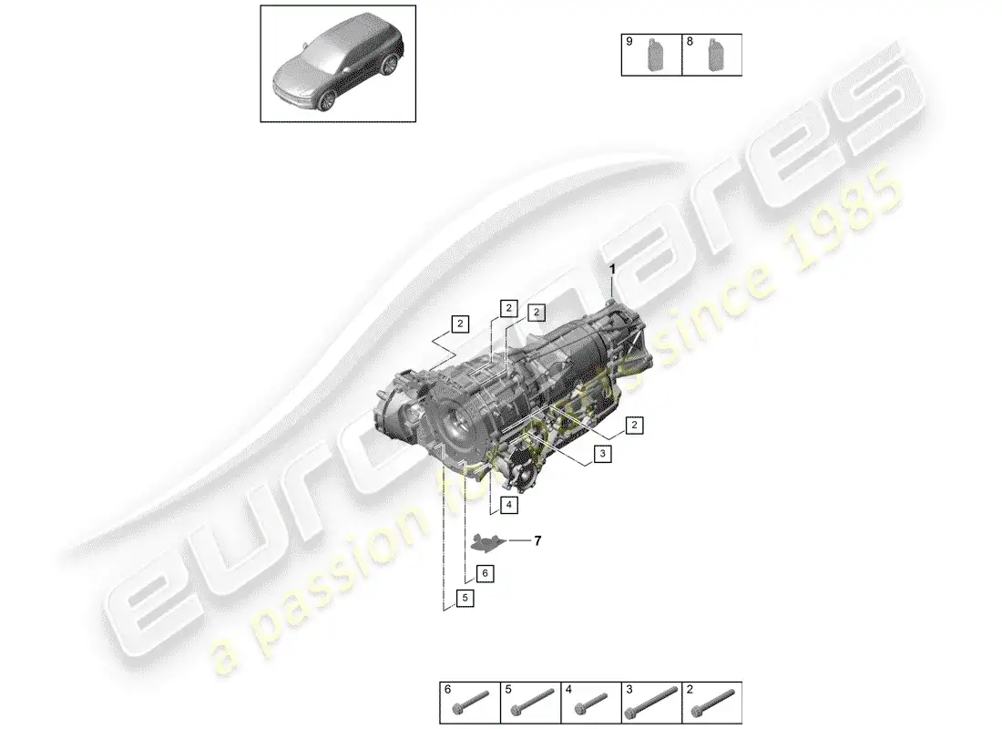 porsche 2018 (cayenne e3 9ya/9yb) 8-speed caja de cambios automática diagrama de piezas